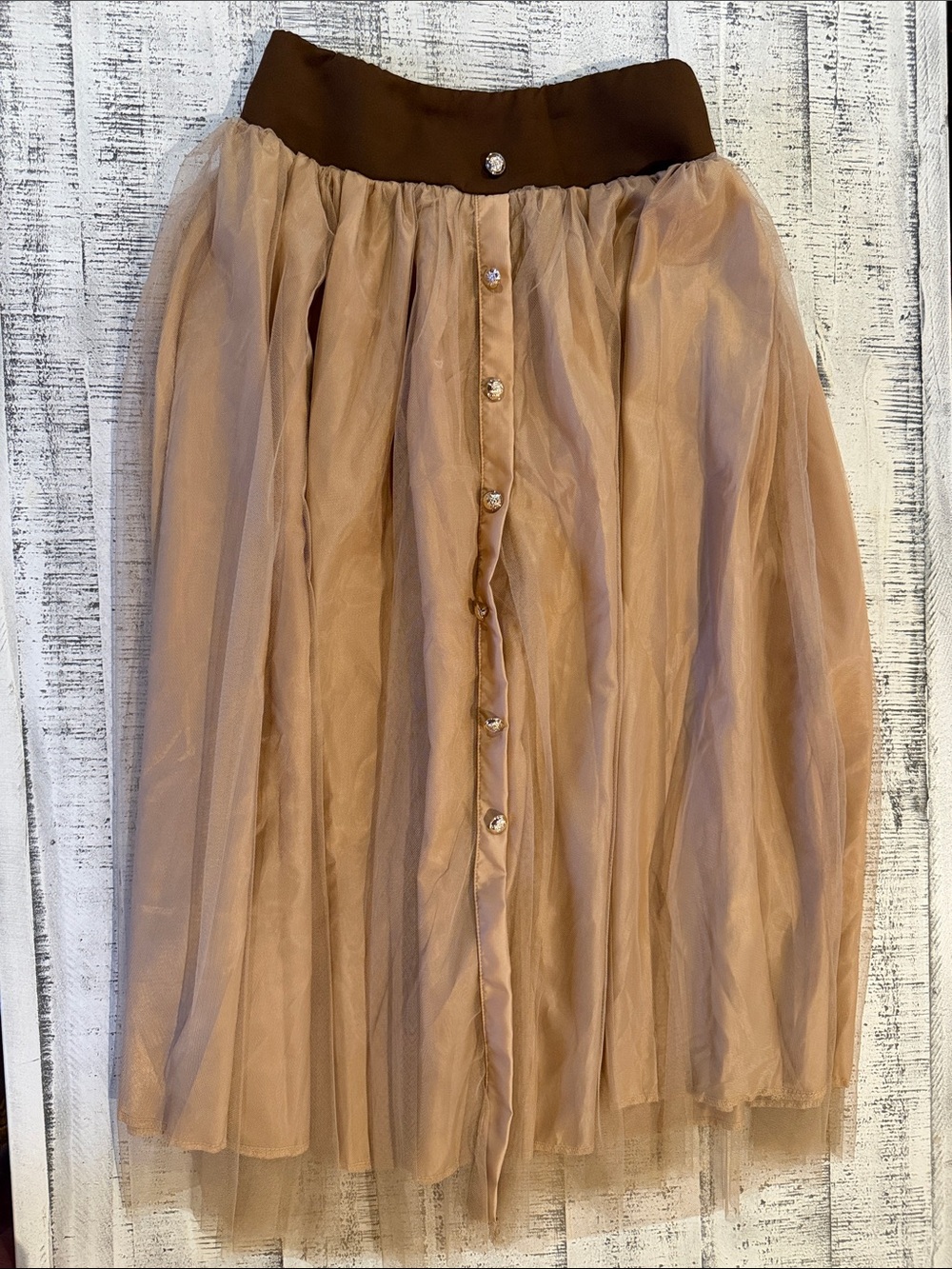 NWOT—Women's Tulle Midi Skirt in Beige with Brown Waistband and Gold Buttons